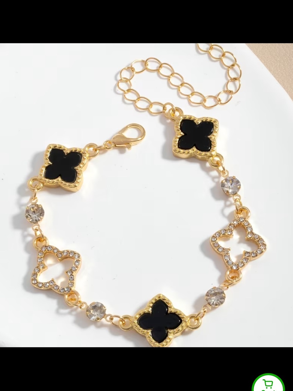 Gold Plated Black Clover Link Bracelet with Cubic Zirconia Accents - Picture 2 of 3